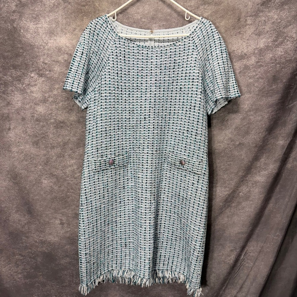St John Seaglass Check Plaid Tweed Knit Fringe Hem Sheath Dress Size 10